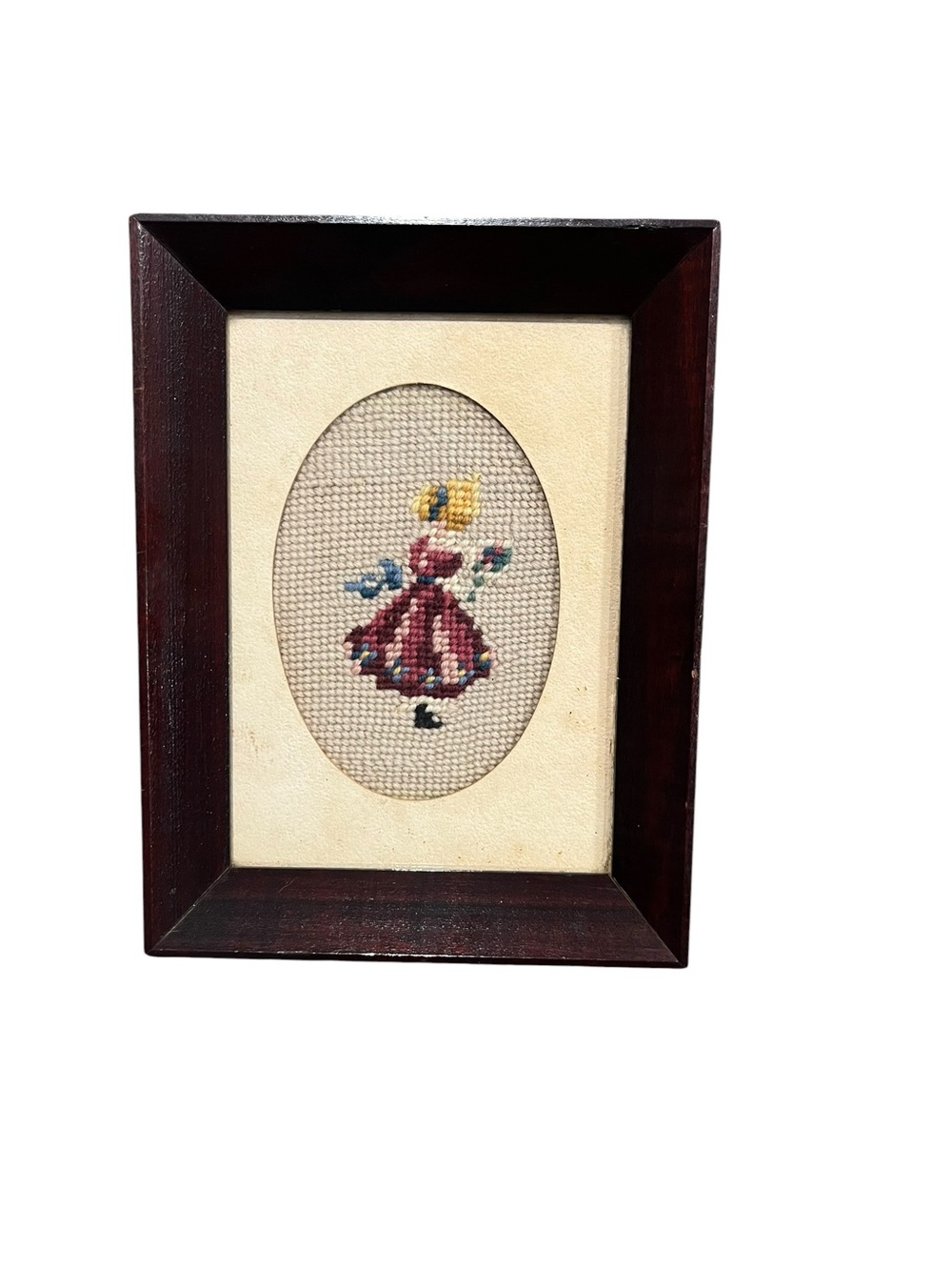 Vintage Framed Needlepoint Colonial Style Girl  Flowers Handcrafted